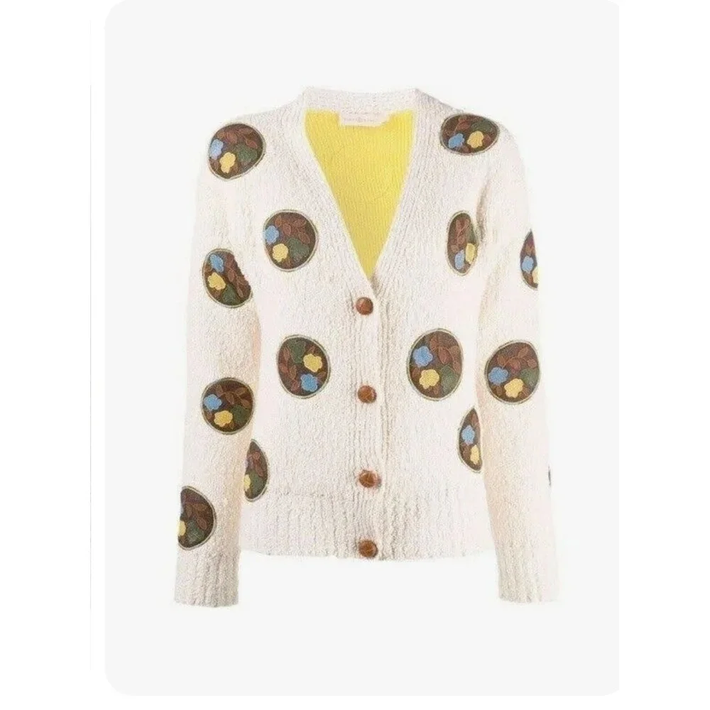 Tory Burch Sweater Womens XL Double Faced Floral Dot Cardigan Ivory/Lemon $598